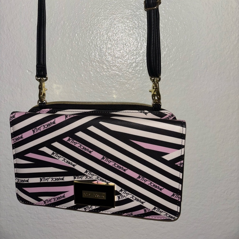Betsey Johnson Black and Pink Diagonal Stripe Crossbody Bag